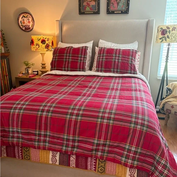 Pottery Barn Stewart Red Plaid Comforter and Shams with Shearling Backing. - Picture 2 of 9